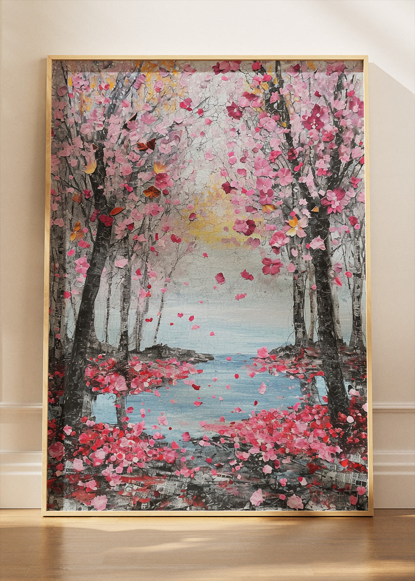 Cherry Blossom Lake Wall Art – Pink Sakura Trees Canvas Print & Romantic Nature Landscape Poster for Living Room Decor UK