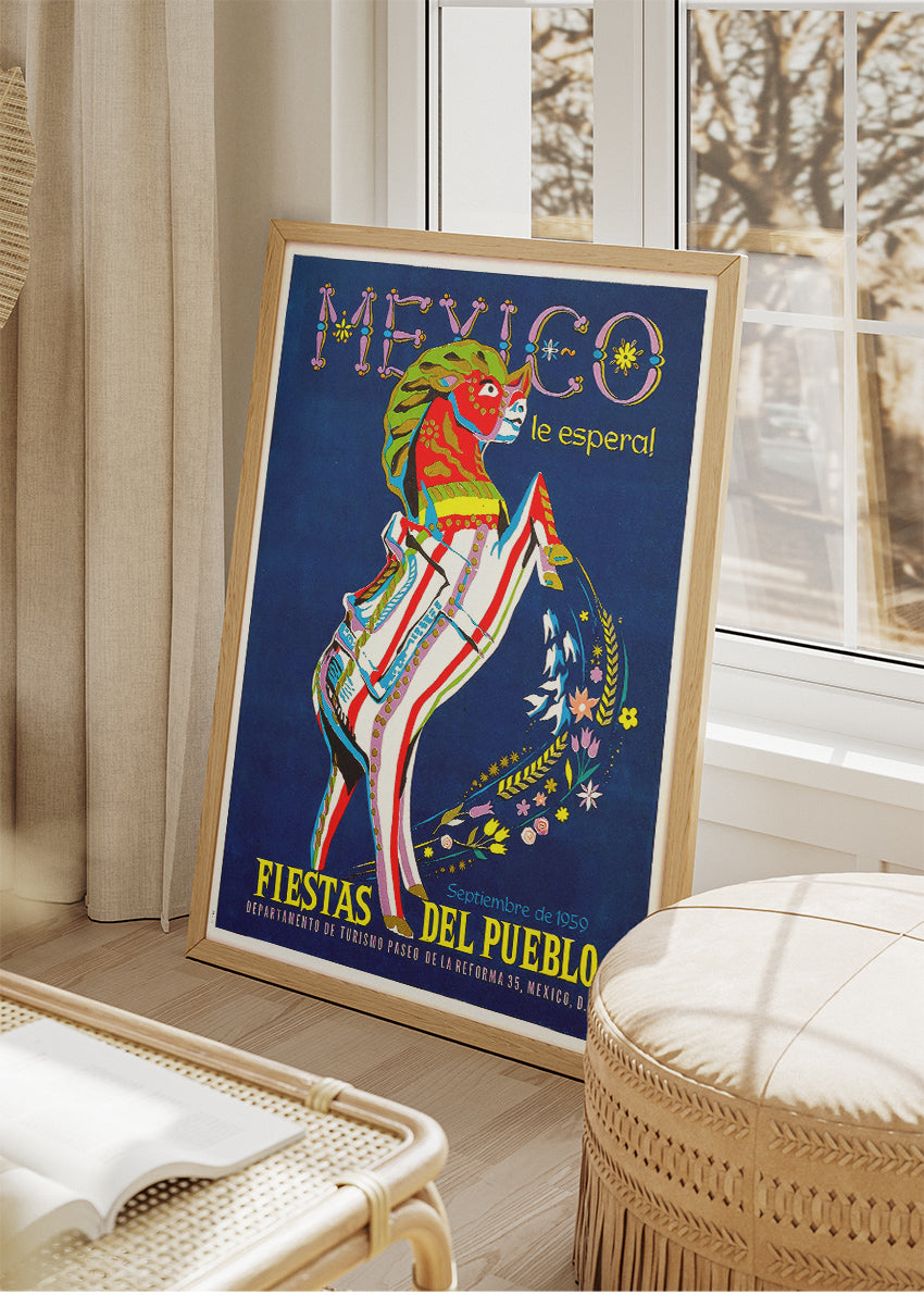 Mexico Vintage Poster & Canvas Print – Retro Fiestas del Pueblo Festival Art