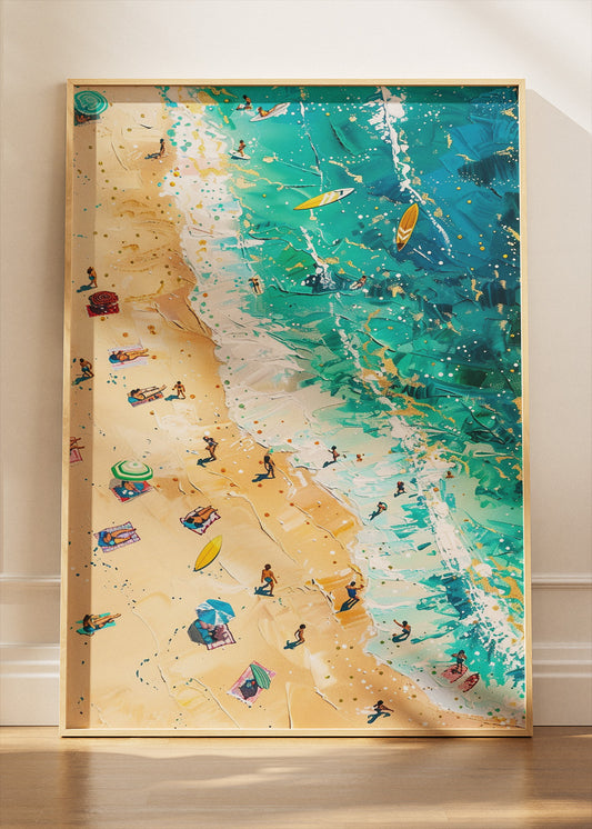 Aerial Beach Scene with Turquoise Waves – Vibrant Coastal Wall Art Poster & Canvas – AI PRINT LAB
