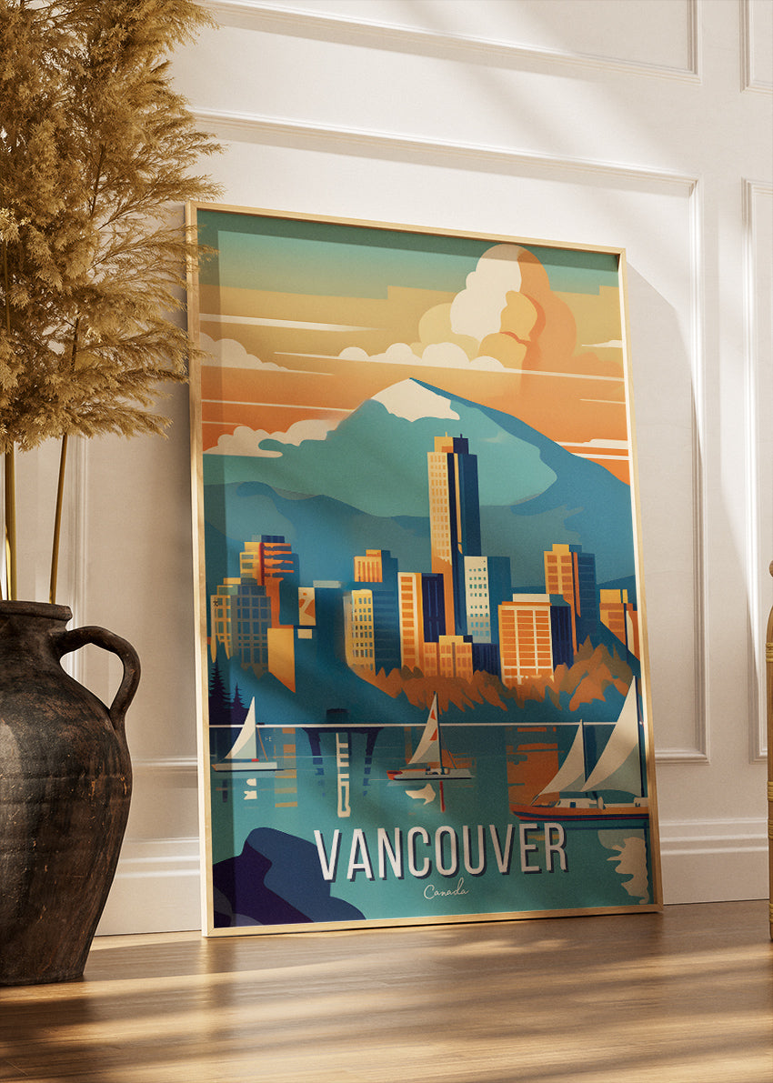 Vancouver Canada Skyline Poster & Canvas Print – Mountains & Sailboats Wall Art