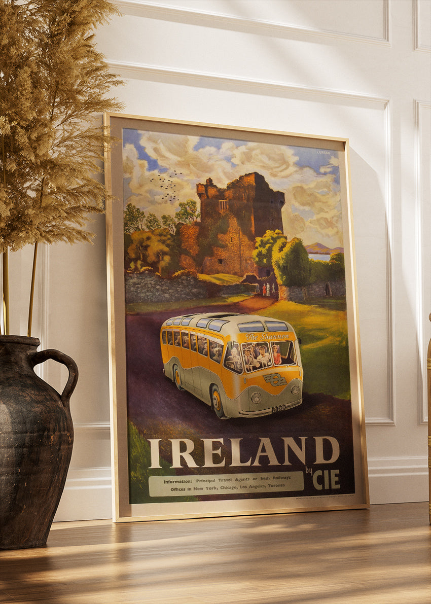 Ireland Vintage Castle & Bus Poster – Retro County Clare Travel Art Print