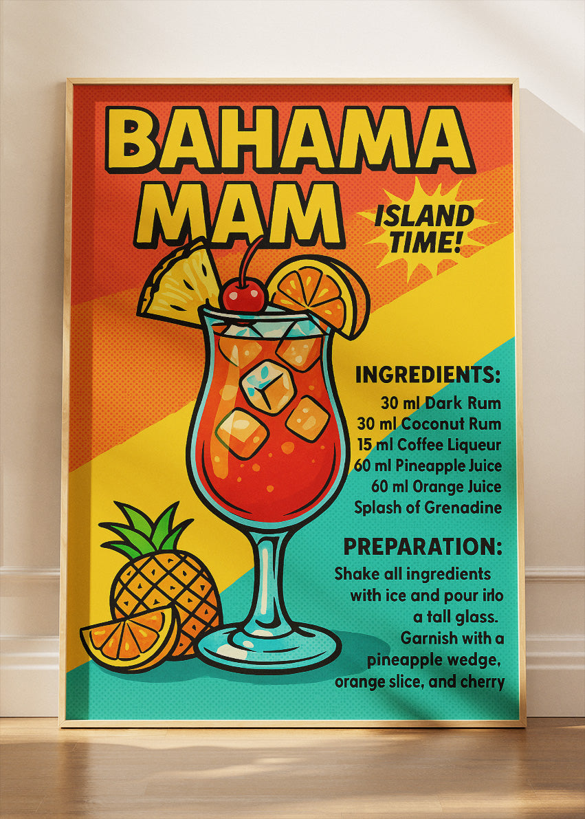 Bahama Mama Pop Art Cocktail Poster & Canvas Print | Retro Tropical Bar Wall Art