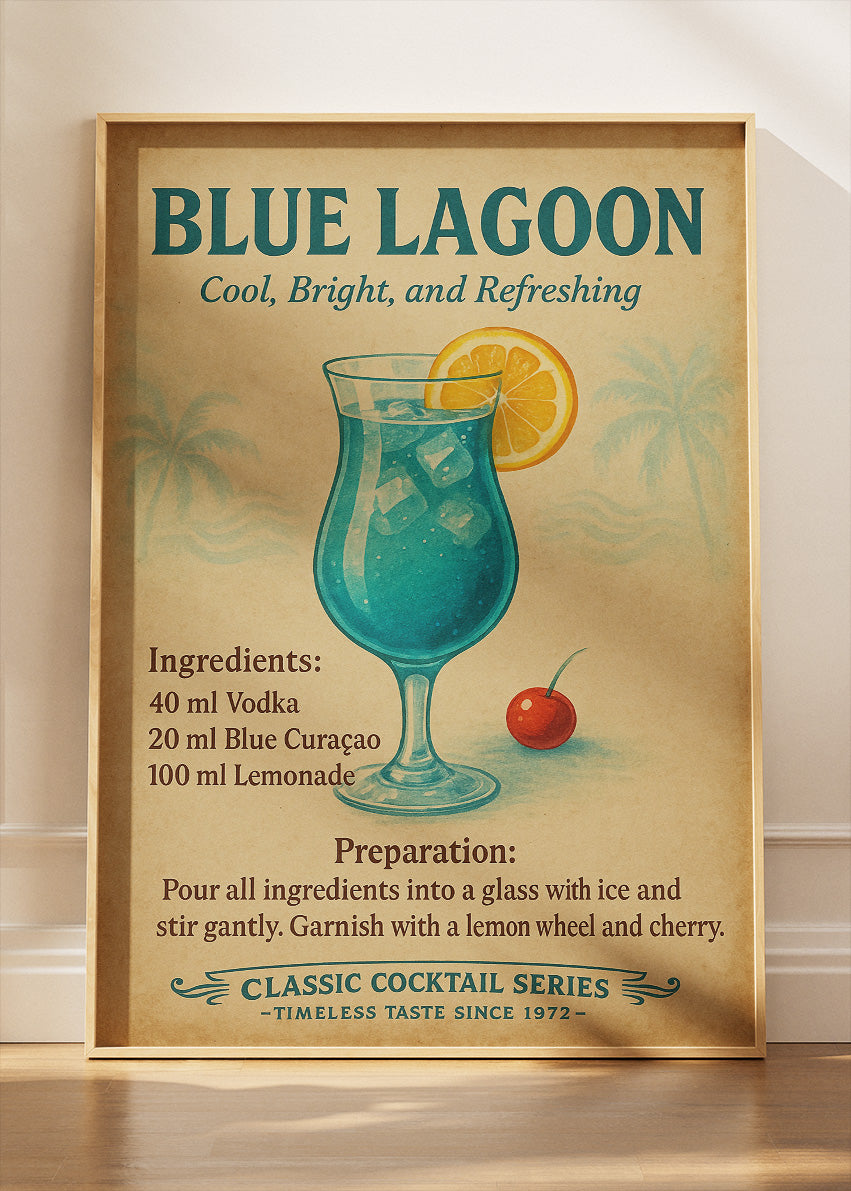 Blue Lagoon Vintage Cocktail Poster & Canvas Print | Classic Refreshing Bar Wall Art
