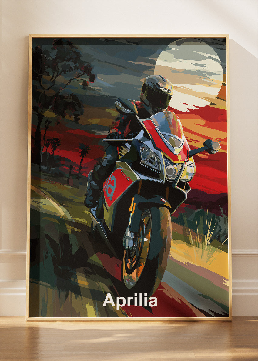 Aprilia Motorcycle Sunset Wall Art Poster & Canvas – Cinematic Sport Bike Artwork