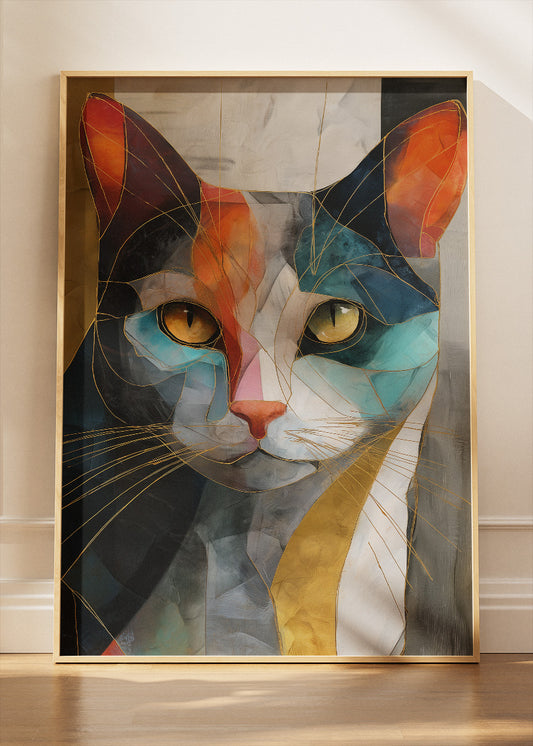 Abstract Cat Canvas Print & Poster – Luxury Geometric Wall Art with Gold Accents – AI PRINT LAB