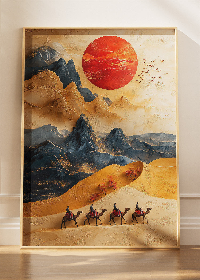 Golden Desert Caravan – Oriental Mountain Sunset Canvas & Poster Print – AI PRINT LAB