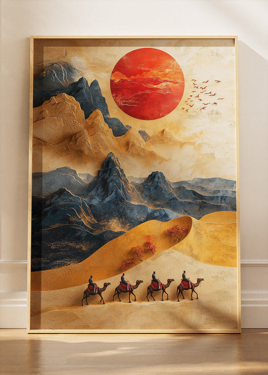 Golden Desert Caravan – Oriental Mountain Sunset Canvas & Poster Print – AI PRINT LAB