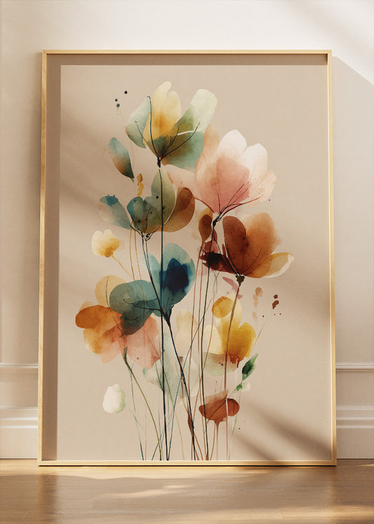 Soft Watercolor Floral Wall Art – Warm Neutral Botanical Canvas Print | Elegant Minimalist Portrait Poster