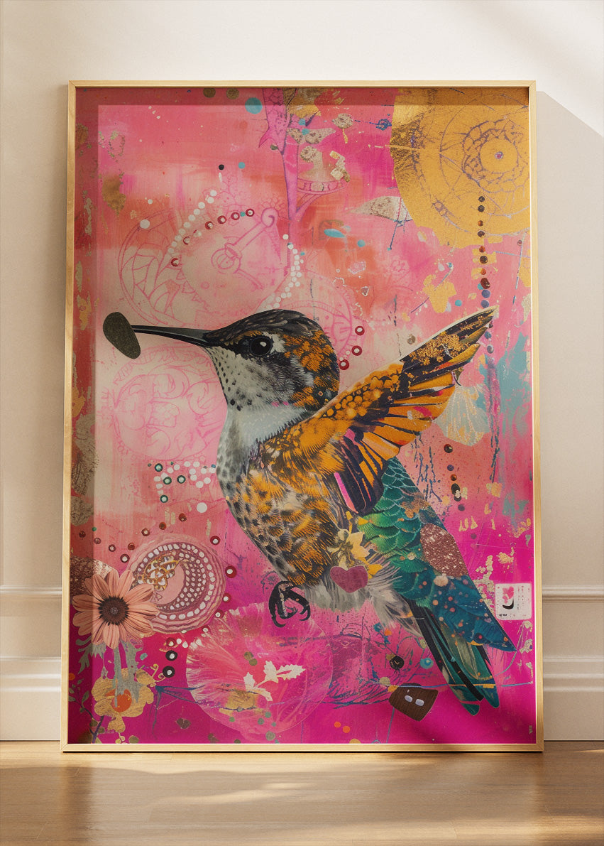 Colorful Hummingbird Poster & Canvas Print – Pink Collage Floral Art