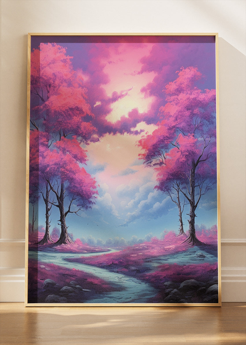 Pink Blossom Dreamscape – Fantasy Forest Path Canvas & Poster Print – AI PRINT LAB