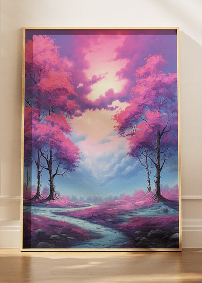 Pink Blossom Dreamscape – Fantasy Forest Path Canvas & Poster Print – AI PRINT LAB