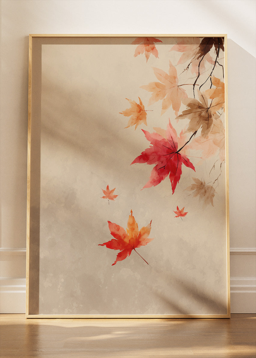 Autumn Maple Leaves Wall Art – Soft Neutral Fall Canvas Print | Minimalist Botanical Portrait Poster