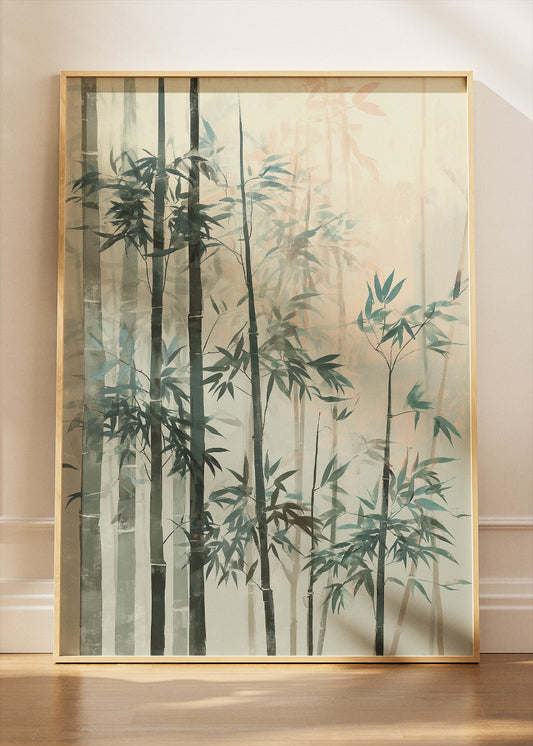 Misty Bamboo Forest Wall Art – Soft Green Zen Canvas Print | Japandi Nature Portrait Poster