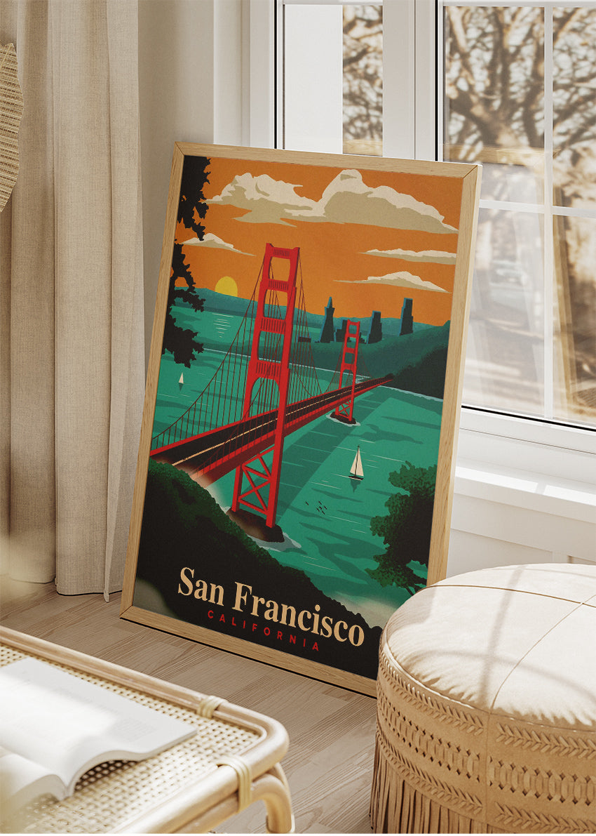 San Francisco California Poster & Canvas Print – Golden Gate Bridge Sunset Illustration Wall Art