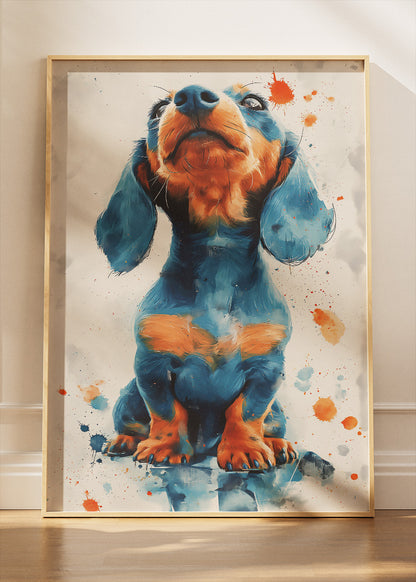 Dachshund Dog Poster & Canvas Print – Blue & Orange Splash Art Puppy Illustration