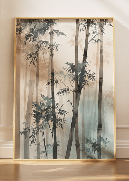Misty Neutral Bamboo Wall Art – Soft Beige & Blue Zen Canvas Print | Minimalist Forest Portrait Poster