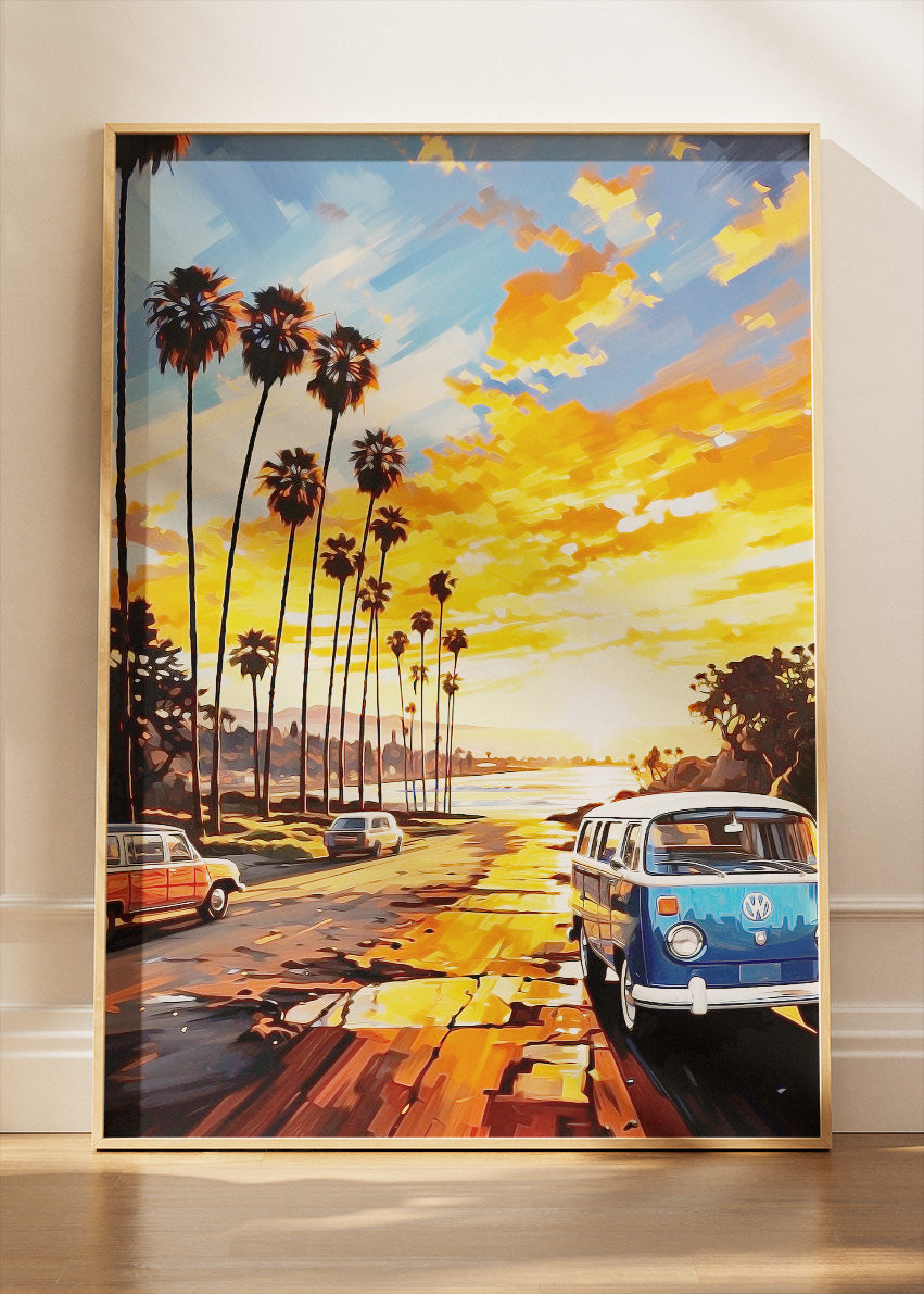 Golden Coast Road – Vintage Sunset Van Canvas & Poster Print – AI PRINT LAB