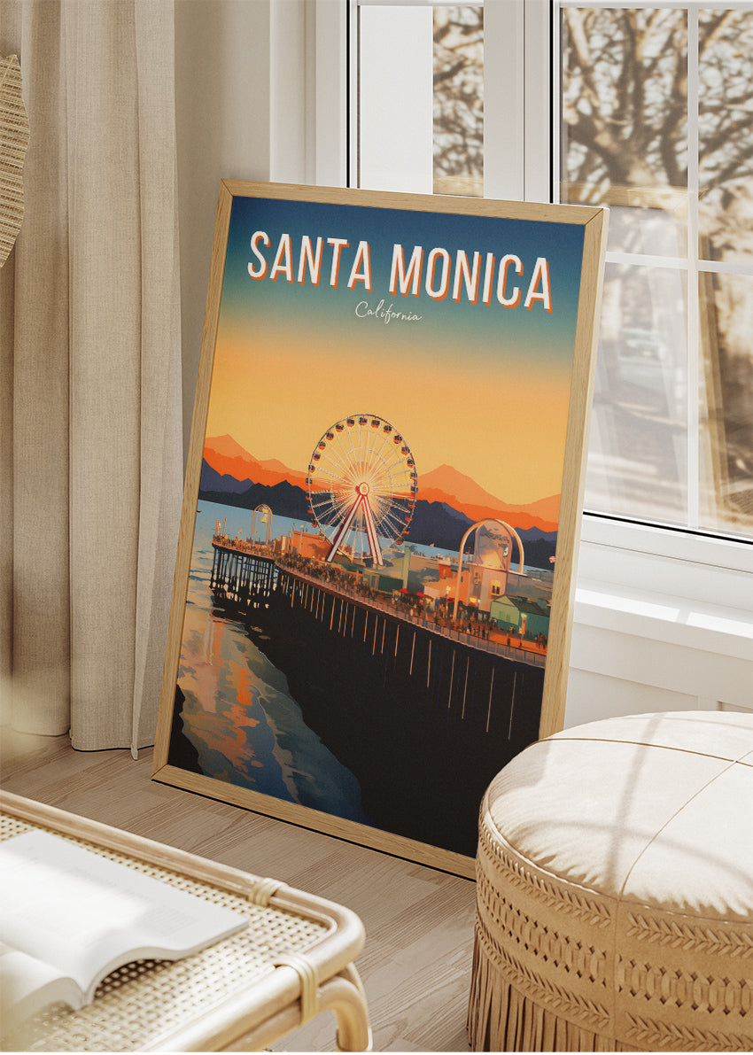 Santa Monica California Poster & Canvas Print – Sunset Pier and Ferris Wheel Illustrated Wall Art