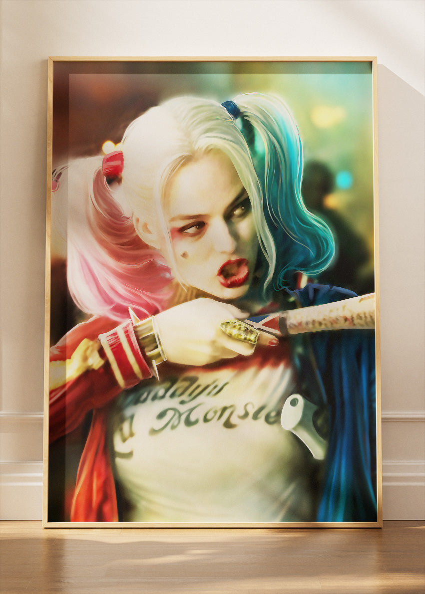 Harley Quinn – Neon Rebel Portrait Canvas & Poster Print – AI PRINT LAB