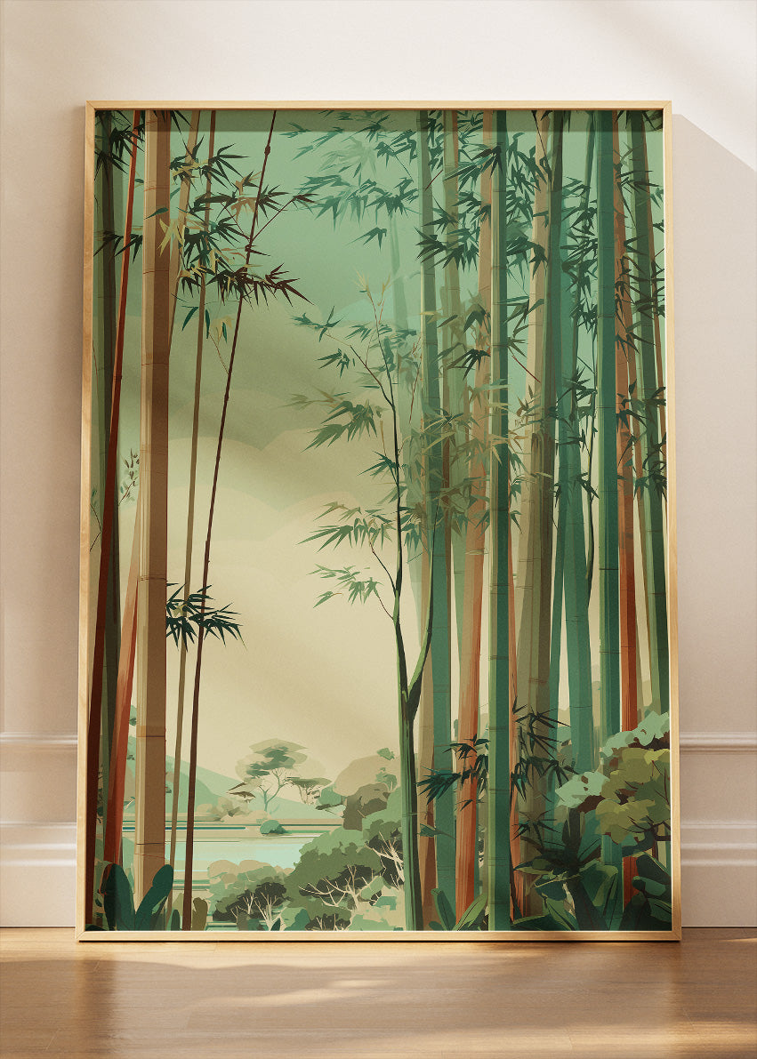 Serene Bamboo Landscape Wall Art – Soft Green Forest Canvas Print | Japandi Nature Portrait Poster
