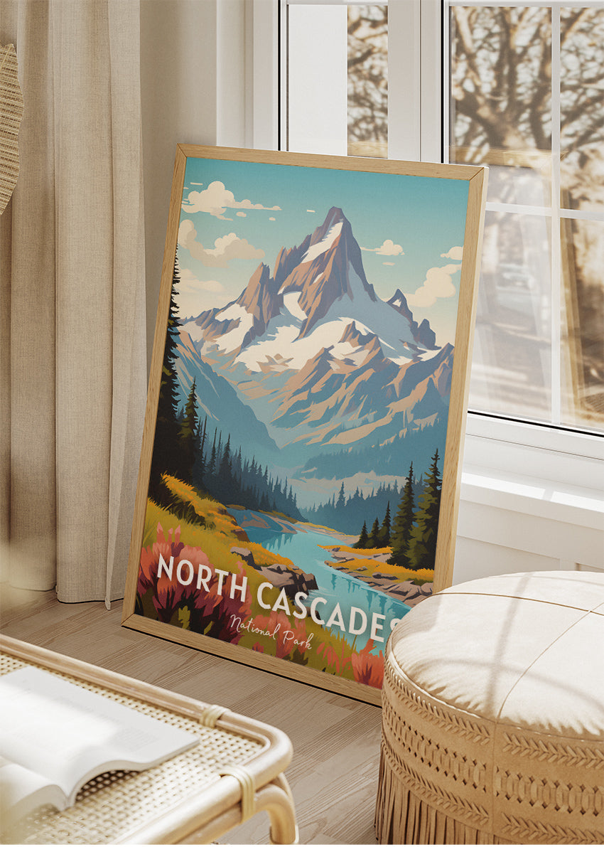 North Cascades National Park Poster & Canvas Print – Illustrated Mountain Landscape Wall Art
