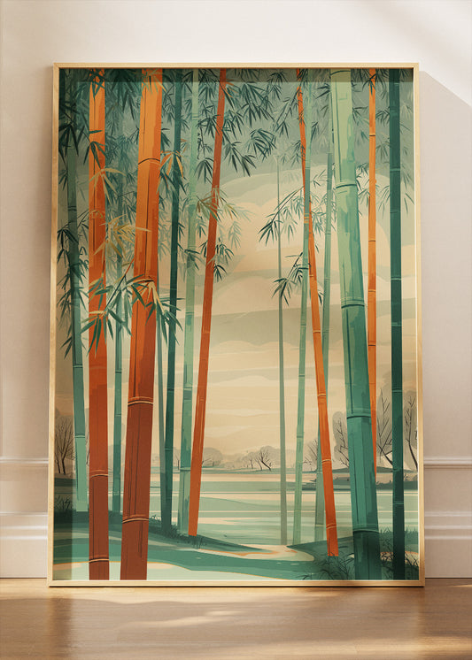 Warm Bamboo Forest Wall Art – Green & Terracotta Japandi Canvas Print | Vertical Nature Poster