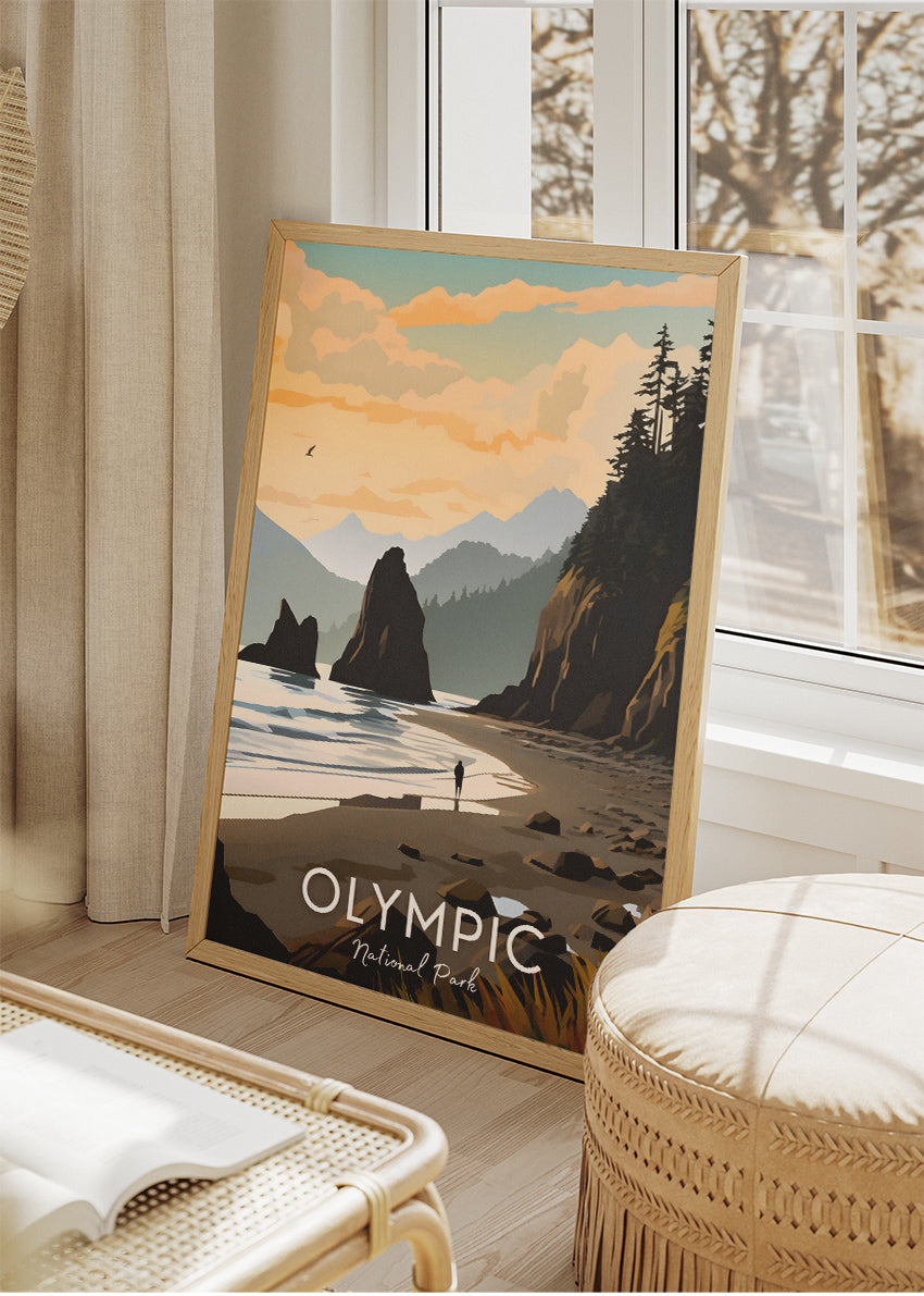 Olympic National Park Poster & Canvas Print – Illustrated Coastal Sunset Wall Art