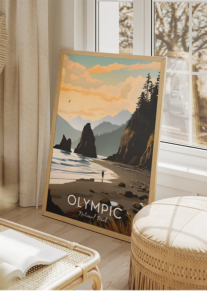 Olympic National Park Poster & Canvas Print – Illustrated Coastal Sunset Wall Art