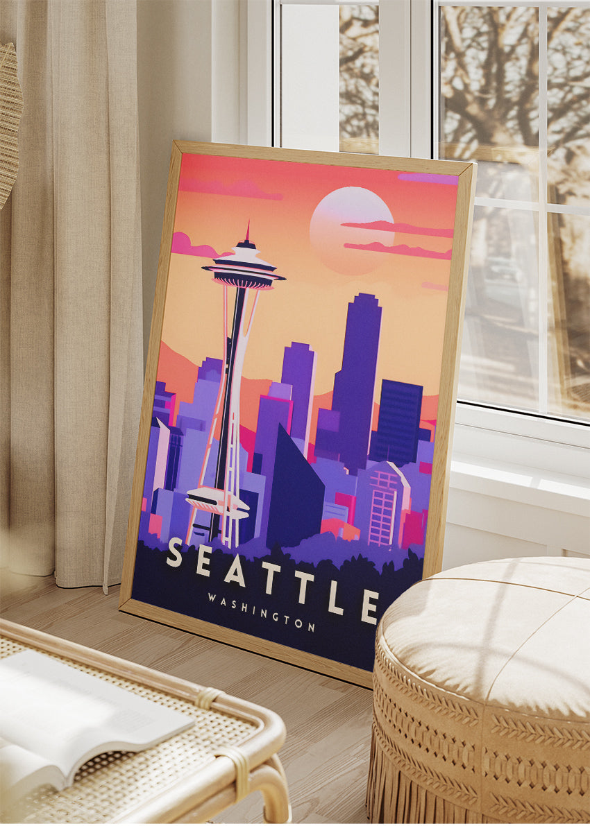 Seattle Washington Poster & Canvas Print – Space Needle Sunset Skyline Wall Art