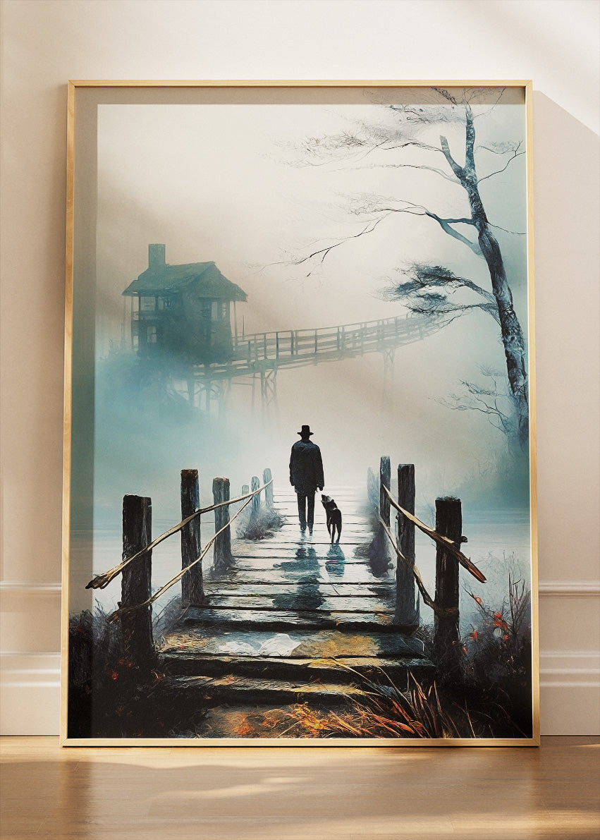 Misty Walk at Dawn – Moody Lake House Canvas & Poster Print – AI PRINT LAB