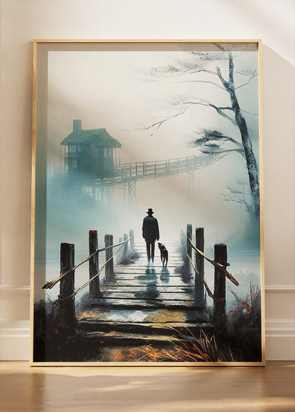 Misty Walk at Dawn – Moody Lake House Canvas & Poster Print – AI PRINT LAB