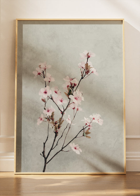 Minimal Cherry Blossom Branch Wall Art – Soft Pink Floral Canvas Print | Japandi Botanical Poster