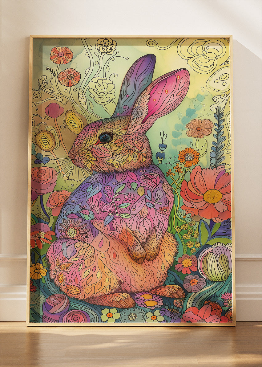 Floral Rabbit Art Poster & Canvas Print – Colourful Boho Animal Illustration