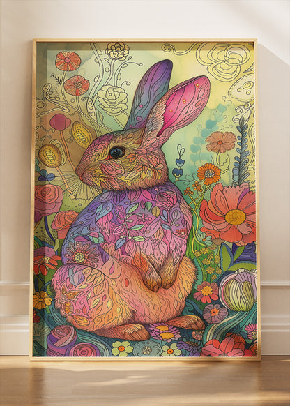 Floral Rabbit Art Poster & Canvas Print – Colourful Boho Animal Illustration