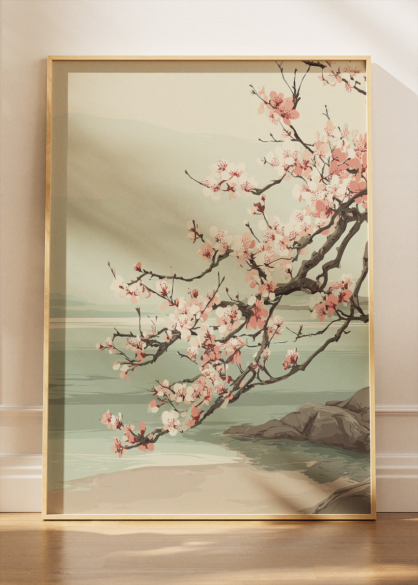 Cherry Blossom Coastal Landscape Wall Art – Soft Sage Green Japandi Canvas Print | Serene Nature Poster