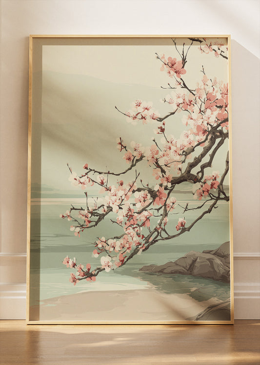 Cherry Blossom Coastal Landscape Wall Art – Soft Sage Green Japandi Canvas Print | Serene Nature Poster