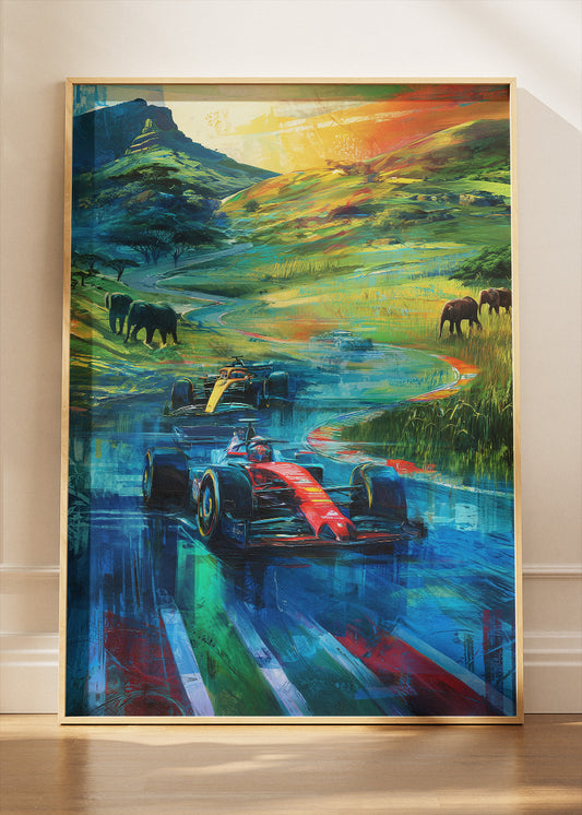 Formula 1 Safari Landscape Poster Canvas Print – Artistic Racing Nature Wall Art – AI PRINT LAB