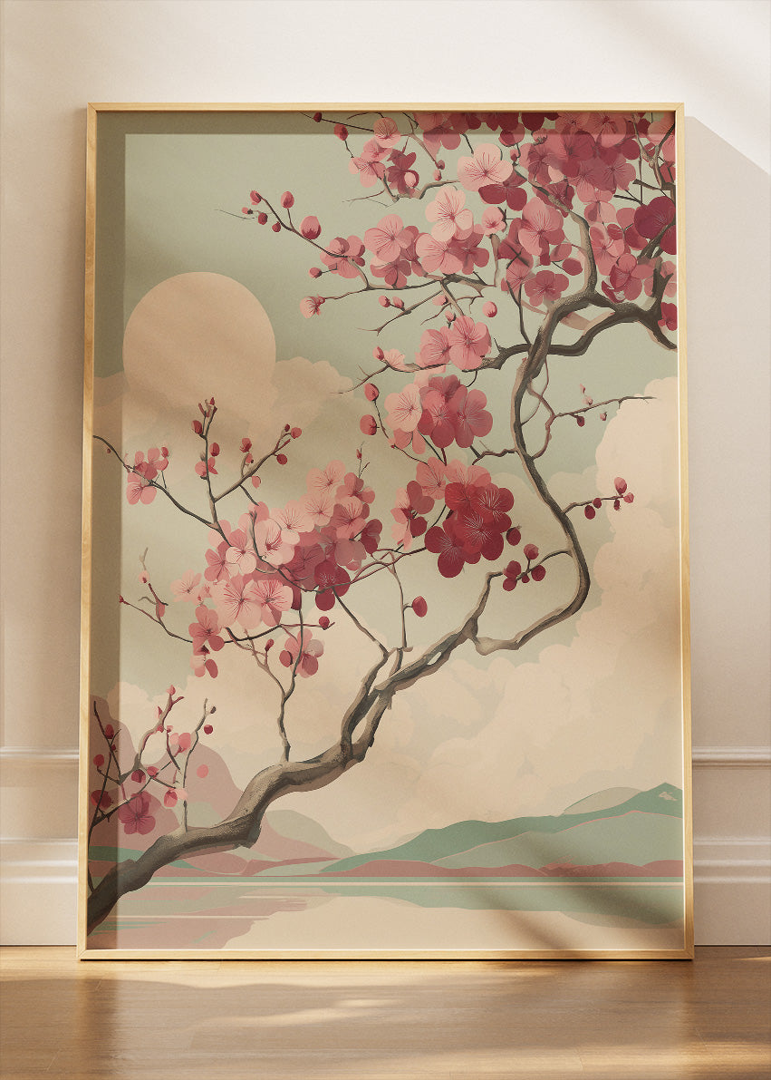 Pink Cherry Blossom Sunset Wall Art – Japandi Landscape Canvas Print | Soft Sage Nature Poster