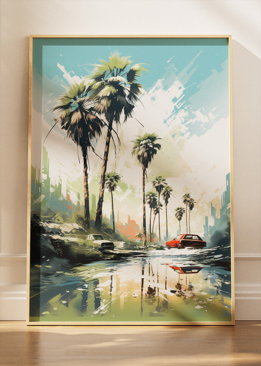 Palm Reflections – Modern Coastal City Canvas & Poster Print – AI PRINT LAB