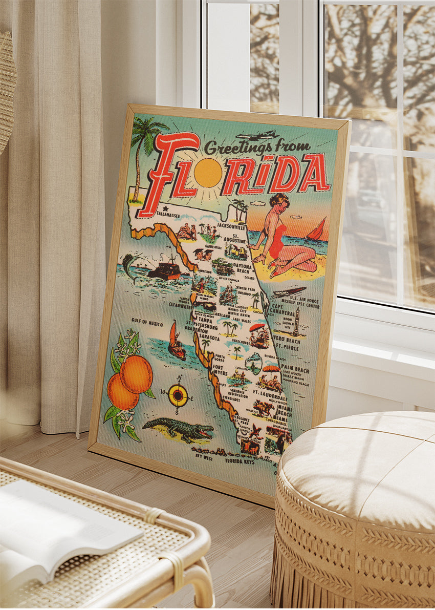 Florida Vintage Map Poster & Canvas Print – Retro Illustrated Sunshine State Wall Art