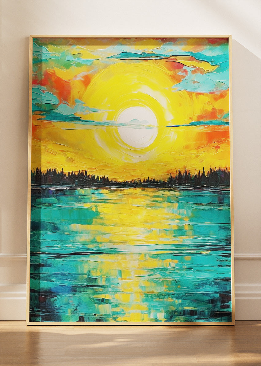 Golden Horizon Reflection – Vibrant Sunset Canvas & Poster Print – AI PRINT LAB