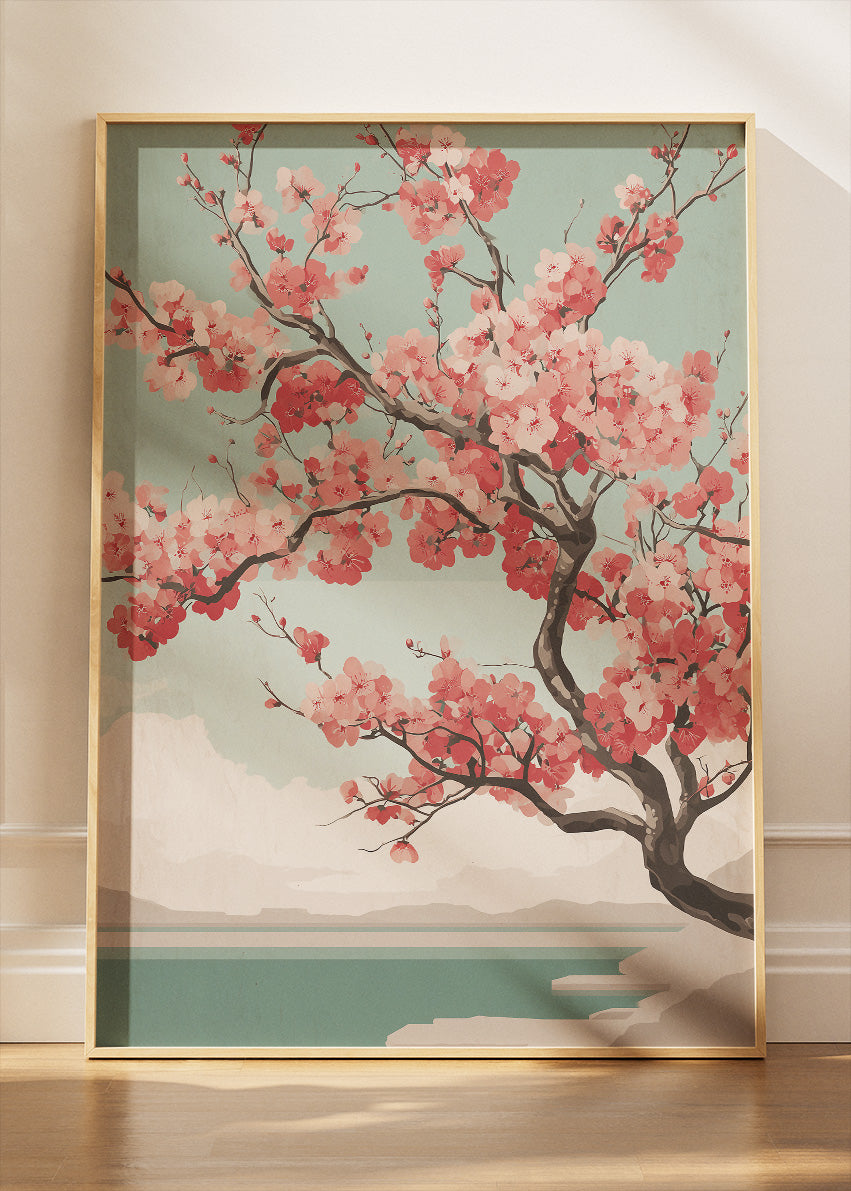 Blush Cherry Blossom Lake Wall Art – Sage Green Japandi Canvas Print | Serene Floral Landscape Poster
