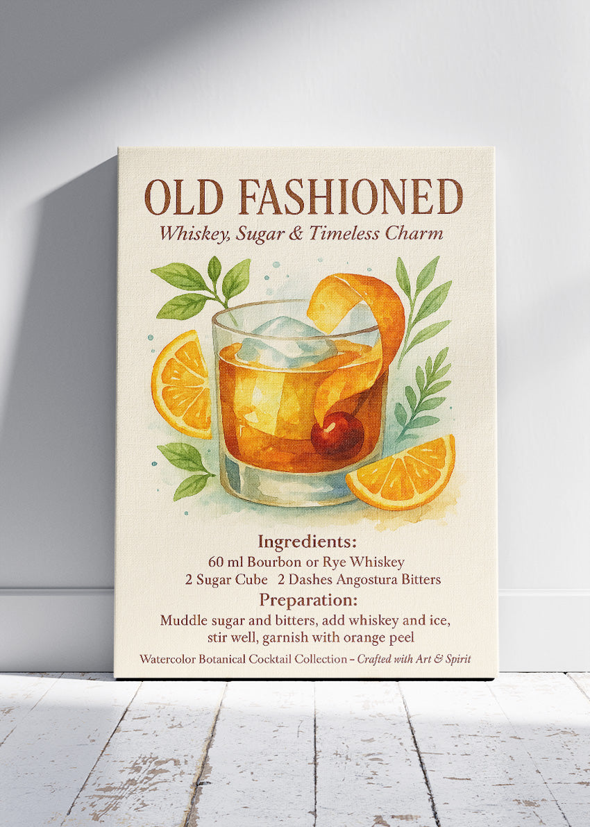 Old Fashioned Watercolor Cocktail Poster & Canvas Print | Botanical Whiskey Wall Art