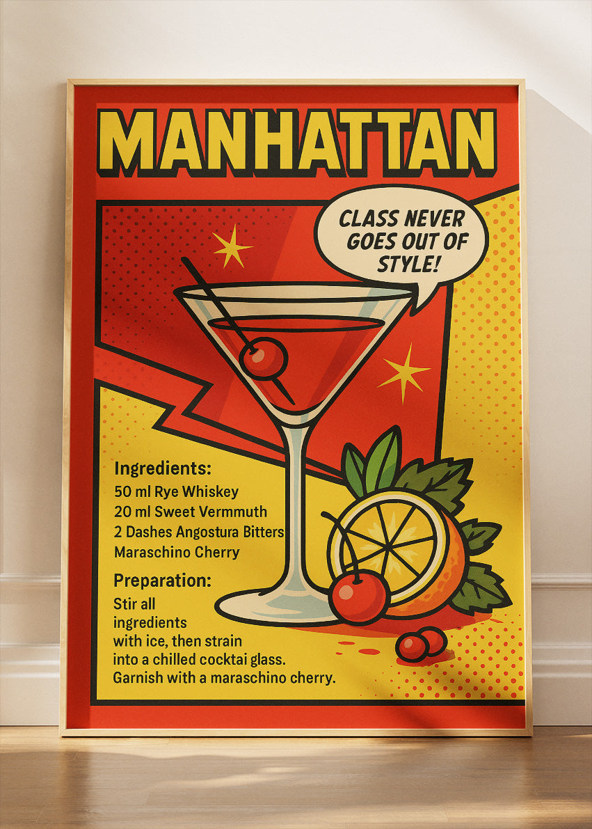 Manhattan Pop Art Cocktail Recipe Poster & Canvas Print | Retro Comic Bar Wall Art
