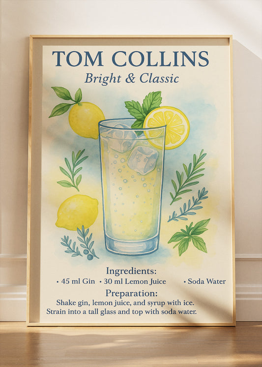 Tom Collins Bright & Classic Cocktail Poster & Canvas Print – Watercolor Gin Drink Wall Art – AI PRINT LAB