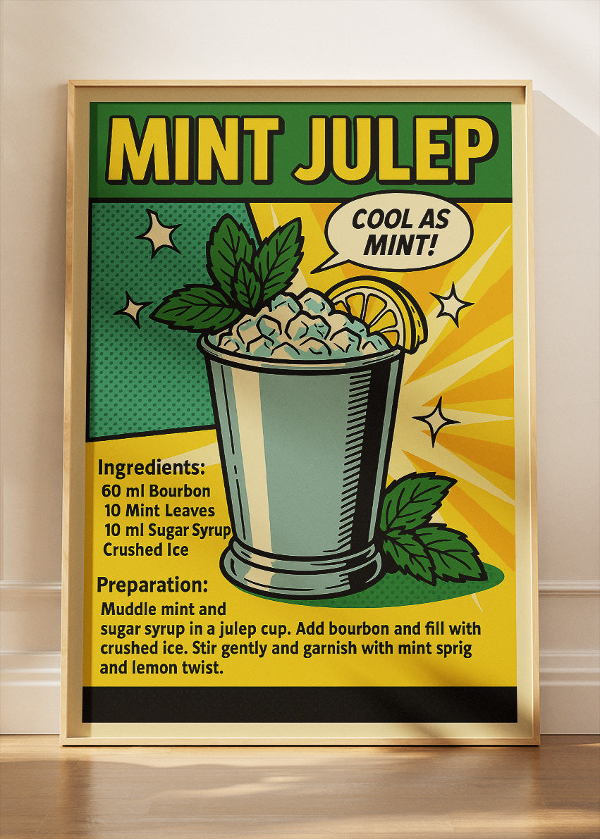 Mint Julep Pop Art Cocktail Recipe Poster & Canvas Print | Retro Comic Bar Wall Art