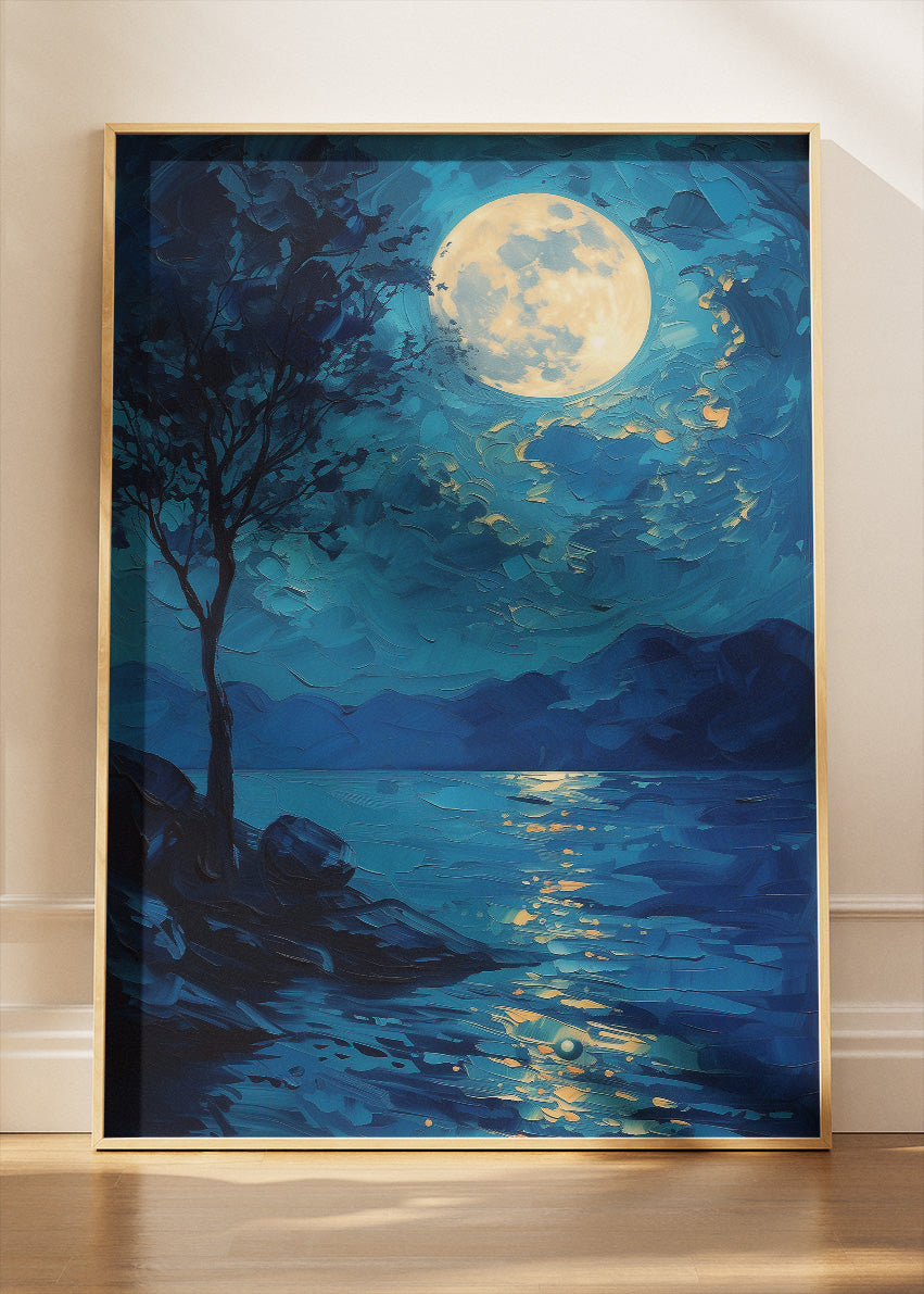 Moonlit Lake Reflection – Blue Night Landscape Wall Art Poster & Canvas – AI PRINT LAB