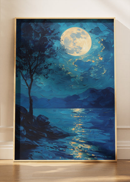 Moonlit Lake Reflection – Blue Night Landscape Wall Art Poster & Canvas – AI PRINT LAB