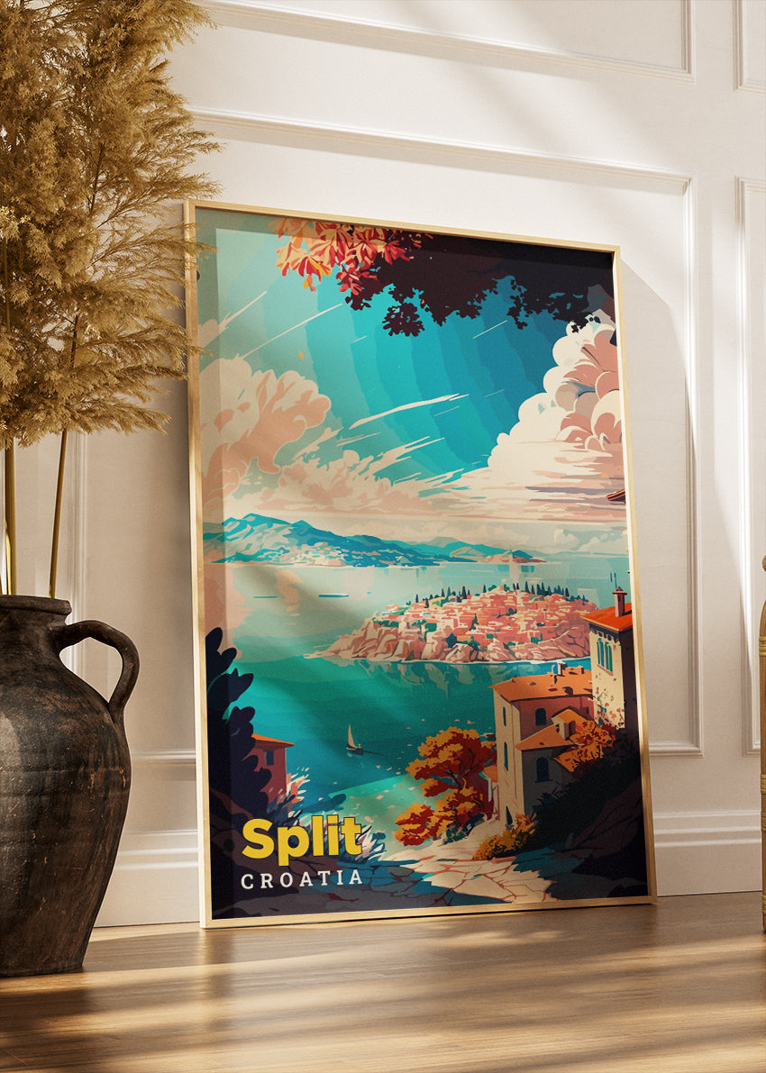 Split Croatia Travel Poster & Canvas Print – Coastal Cliff View Retro Illustration Wall Art