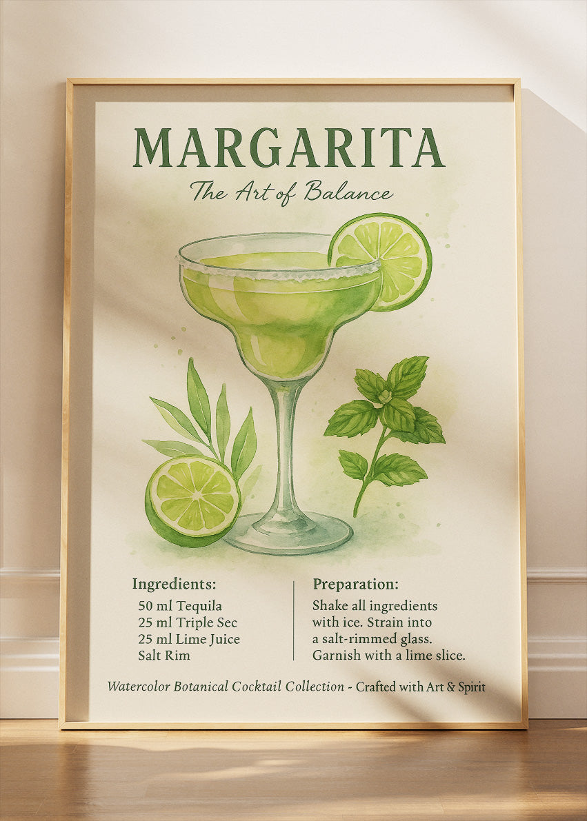Margarita Watercolor Botanical Cocktail Poster & Canvas Print | Elegant Bar Wall Art